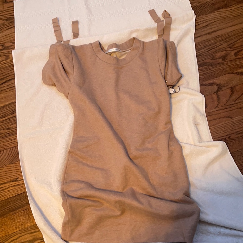 Brown T-shirt dress with strings on sleeves size 8